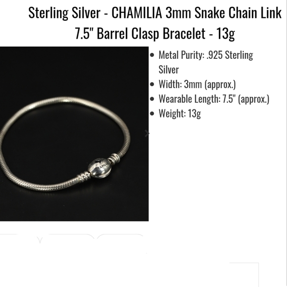 CHAMILLIA 3mm Snake Chain Link 7.5" Barrel Clasp Bracelet - 13g Sterling Silver - Picture 3 of 6